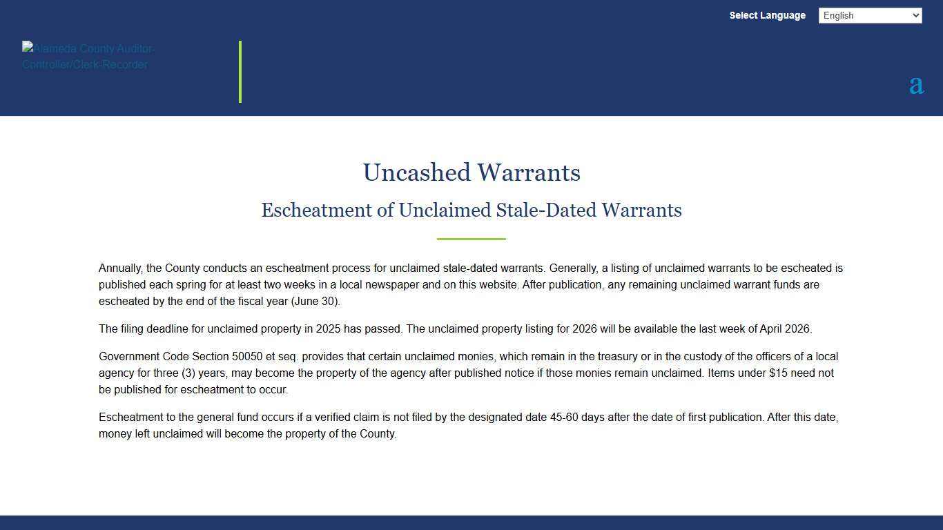 Escheatment | Auditor-Controller | Alameda County | Alameda County Auditor-Controller/Clerk-Recorder