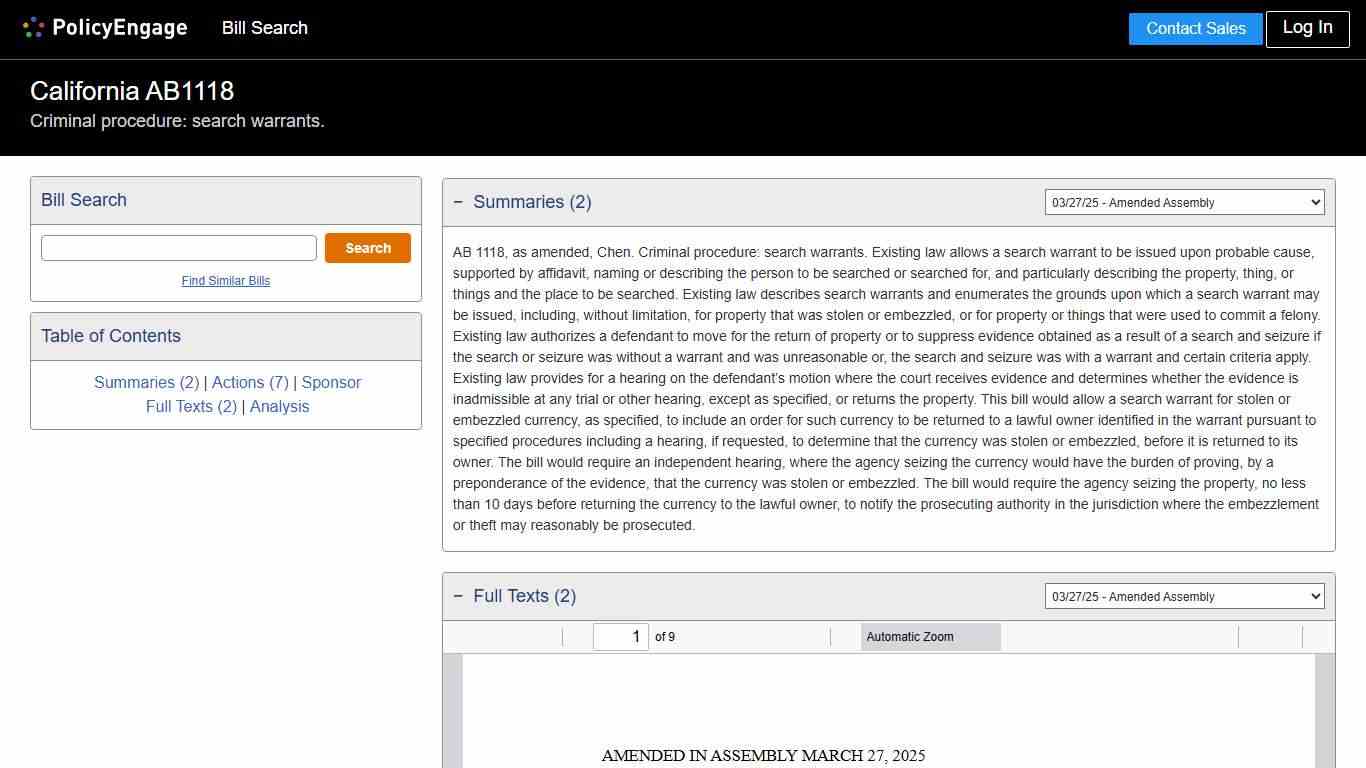 AB1118 | California 2025-2026 | Criminal procedure: search warrants. - Legislative Tracking | PolicyEngage