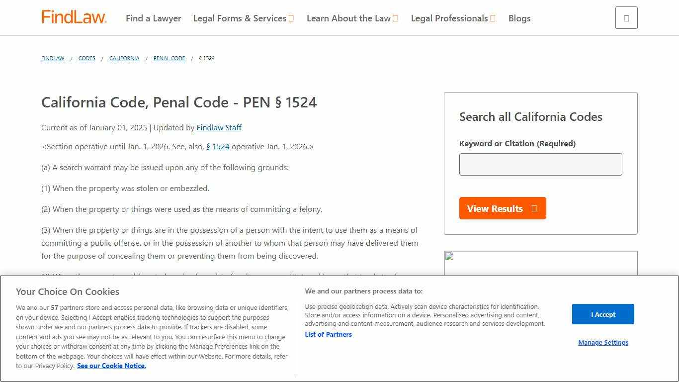 California Code, Penal Code - PEN § 1524 | FindLaw